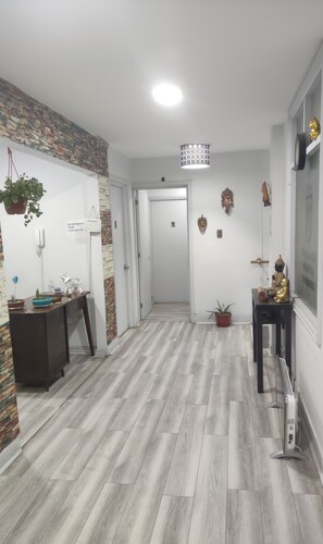 A hallway with a stone wall, a wooden floor, a desk with a plant, a statue, and a heater. - Hostal mancora (Santiago)