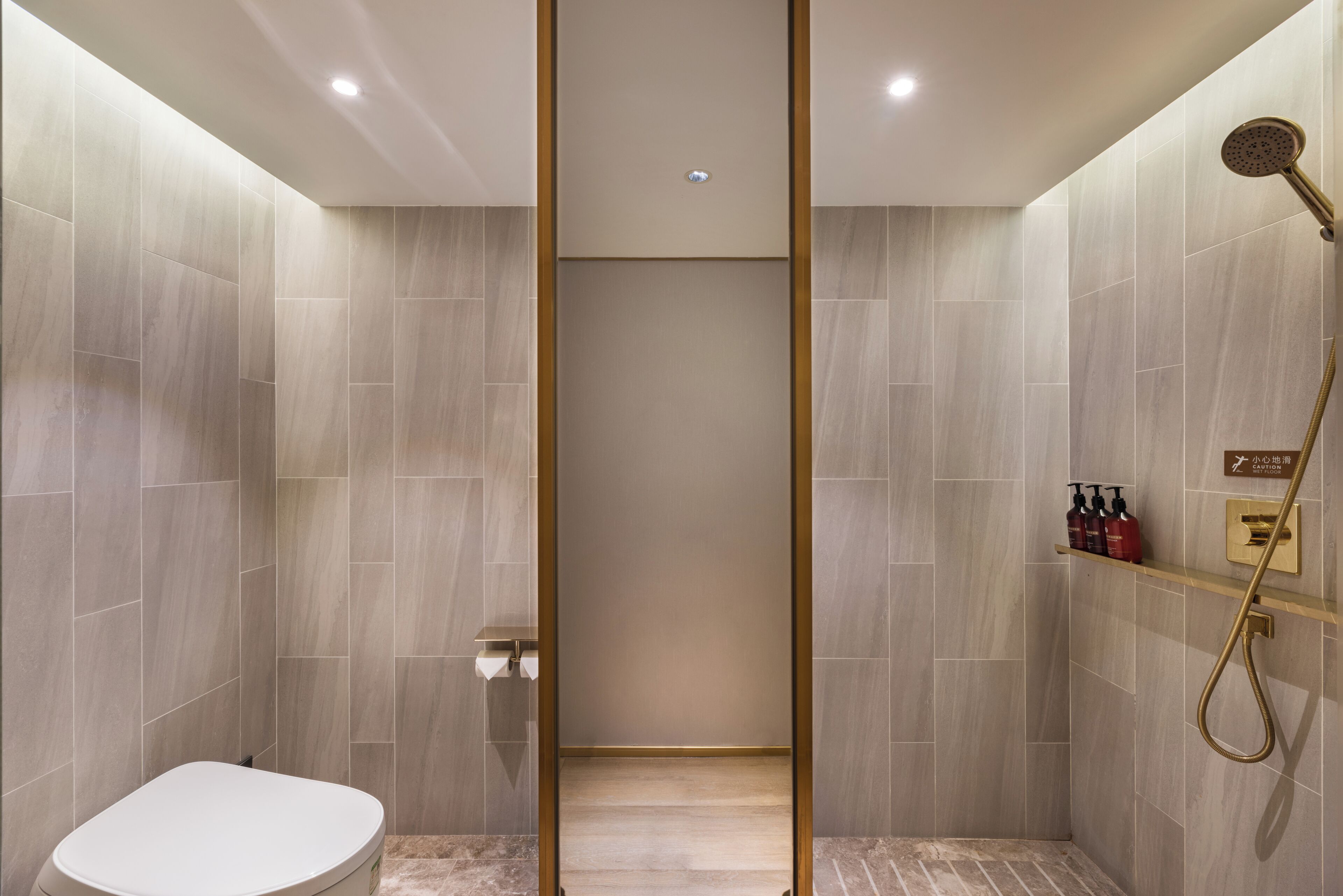 Shower, rainfall showerhead, designer toiletries, hair dryer