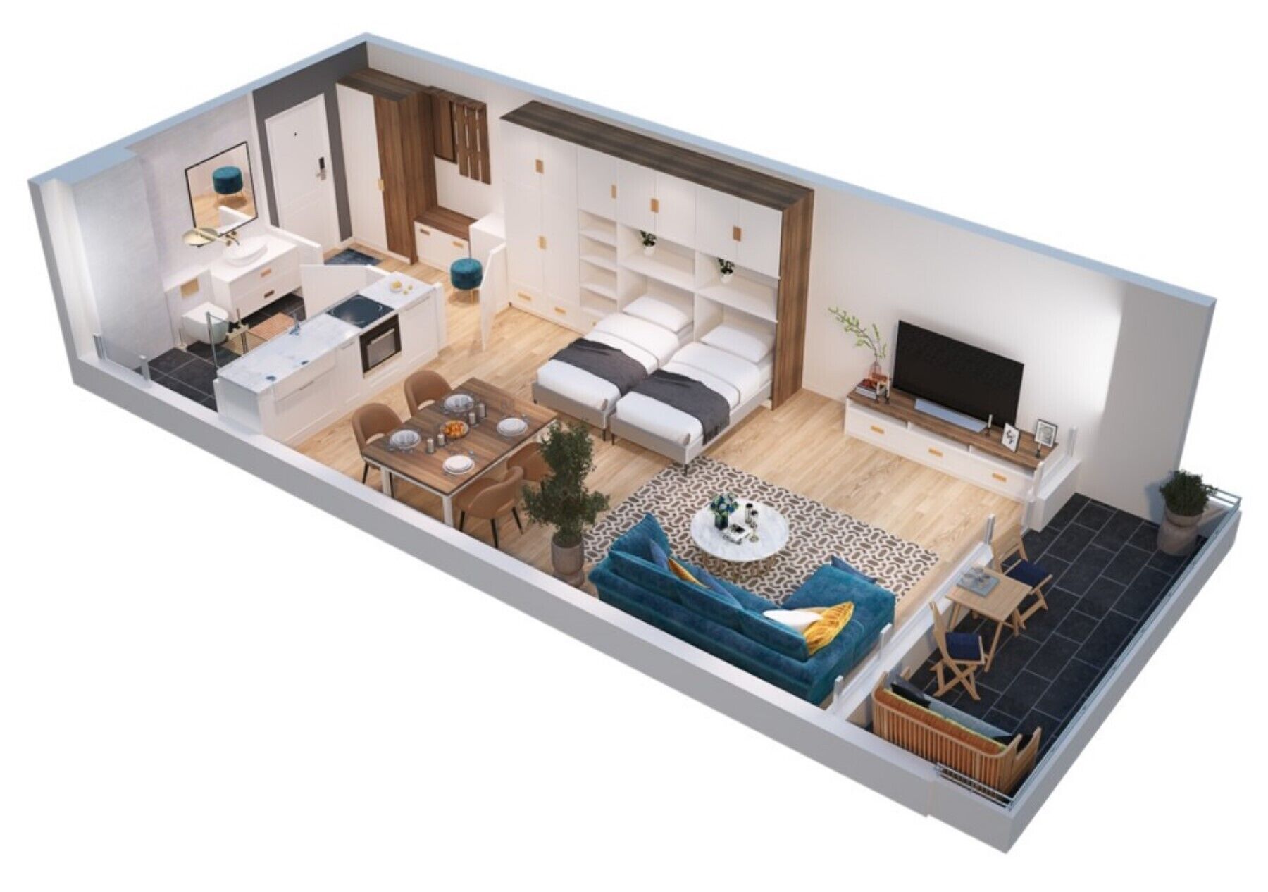 Een modern appartement met een keuken, eethoek, woongedeelte en een klein balkon.