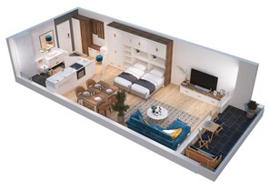 Een modern appartement met een keuken, eethoek, woongedeelte en een klein balkon.