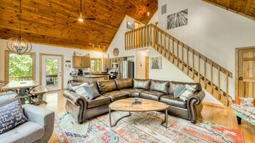 TV, fireplace, table football, books