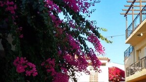 Ein Straßencafé mit Tischen und Stühlen, umgeben von Gebäuden mit Balkonen und Blumen.