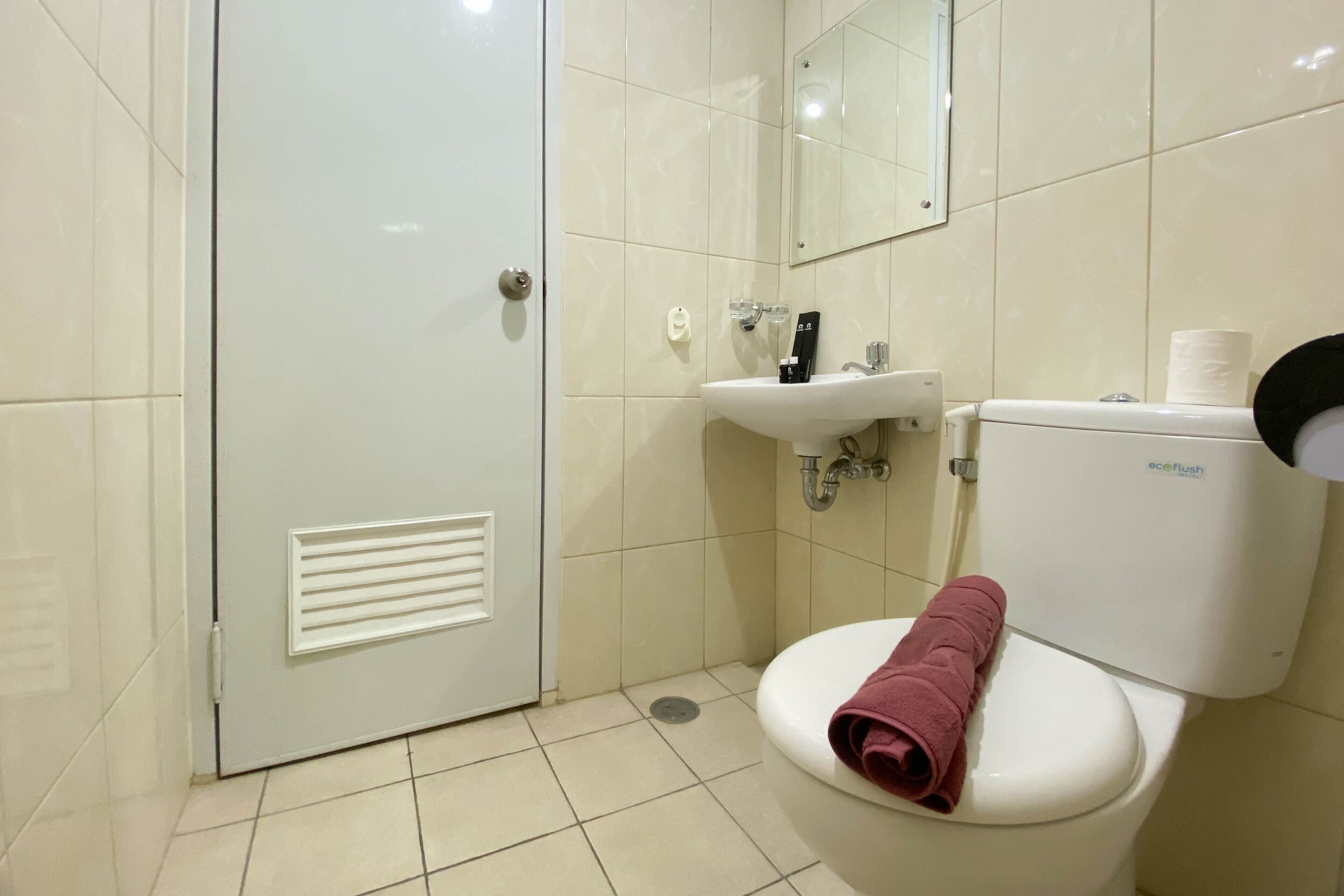 A bathroom with a white toilet, a sink, and a mirror.