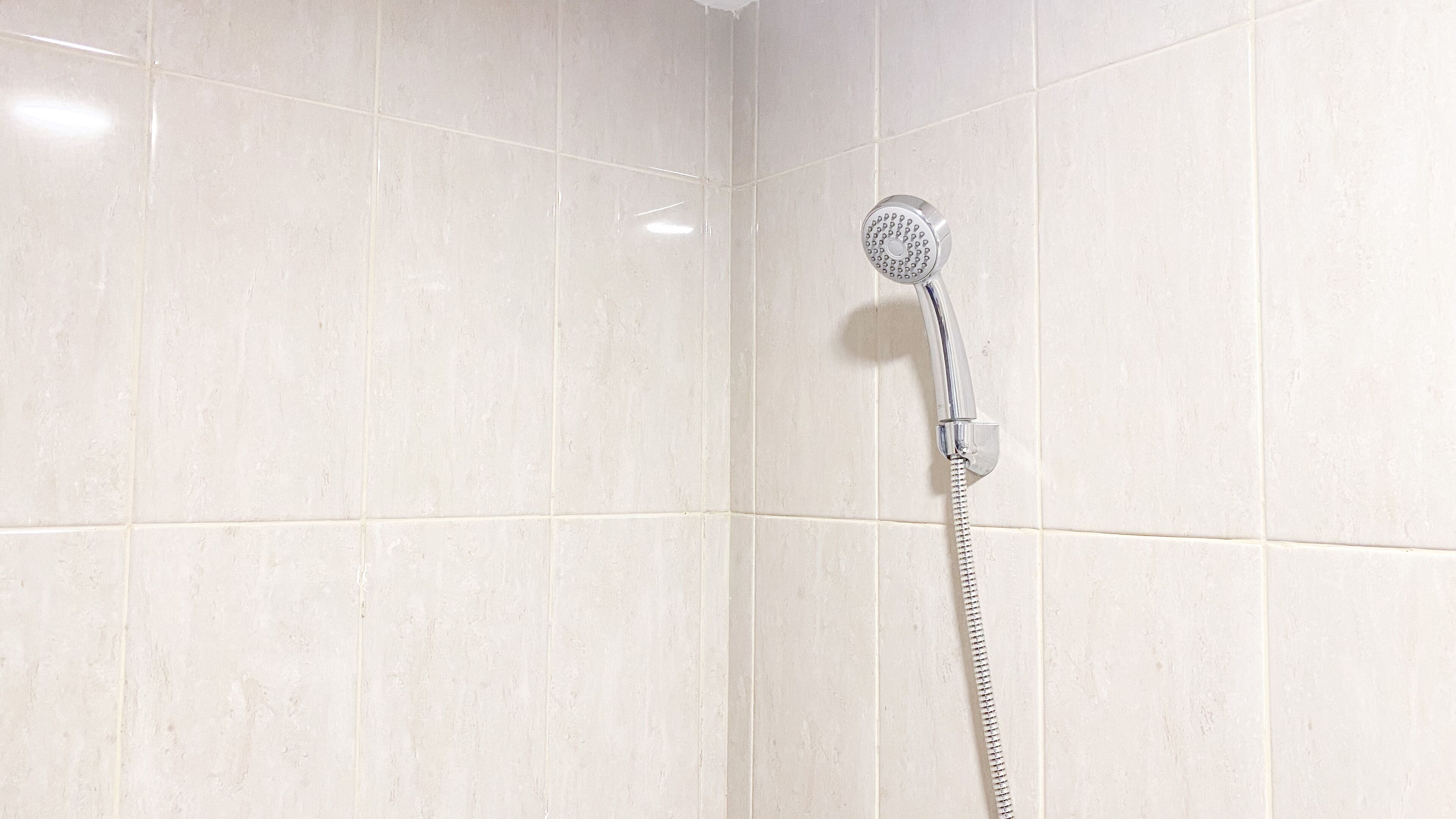 A shower with a handheld showerhead and a flexible hose, mounted on a tiled wall.