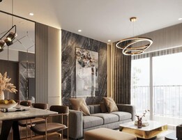 Una sala de estar moderna con sofá, mesa de centro y comedor.