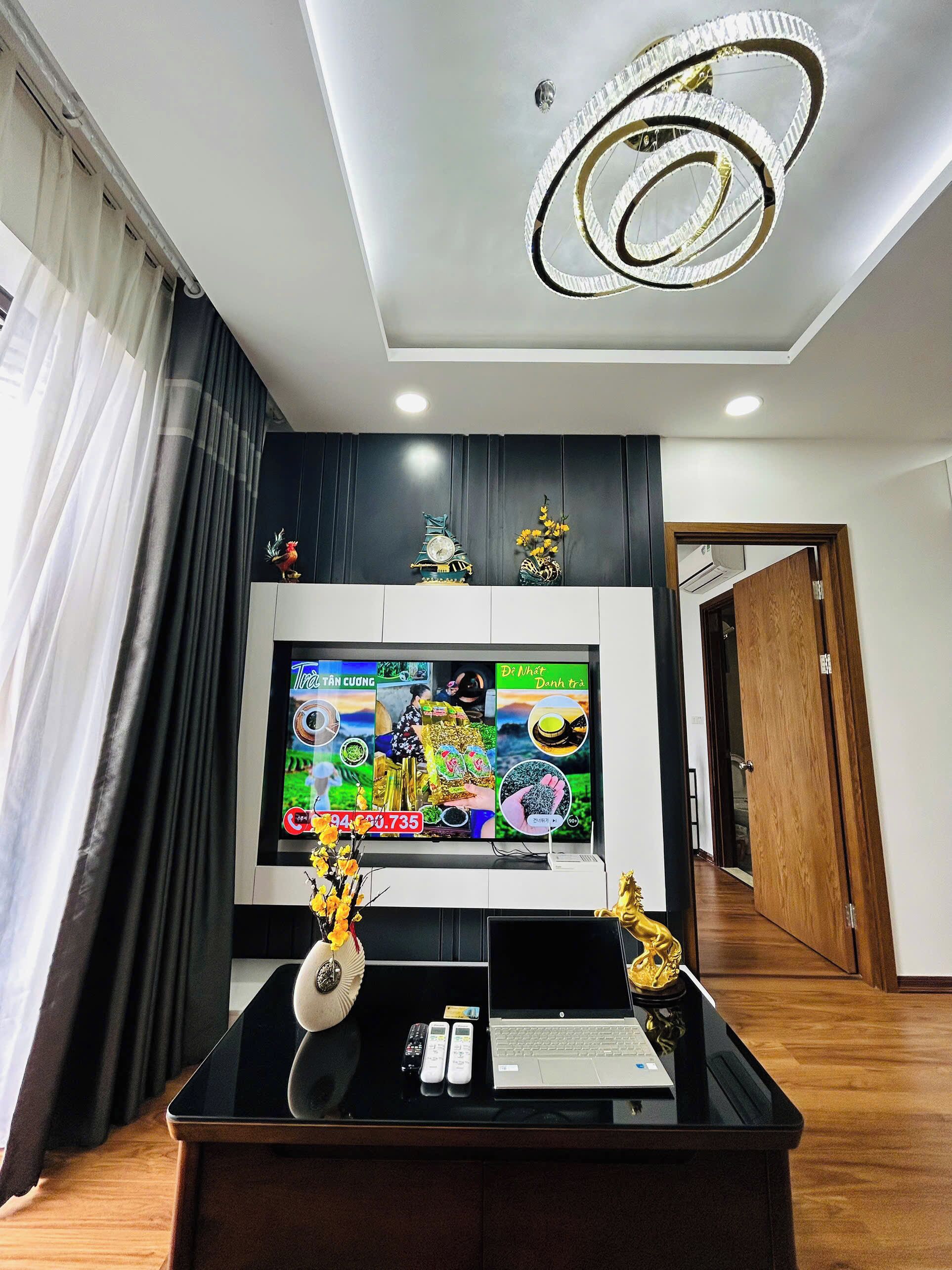 A modern living room with a flat-screen TV, a laptop, and a decorative vase on a black coffee table.