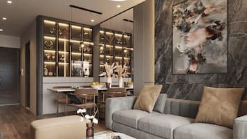 Flat-screen TV, fireplace