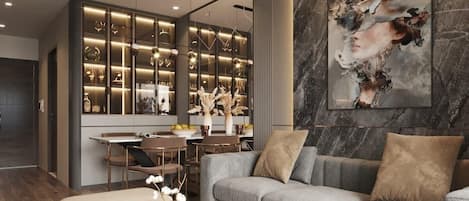 Flat-screen TV, fireplace