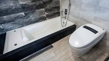 Shower, jetted bath, hair dryer, bidet