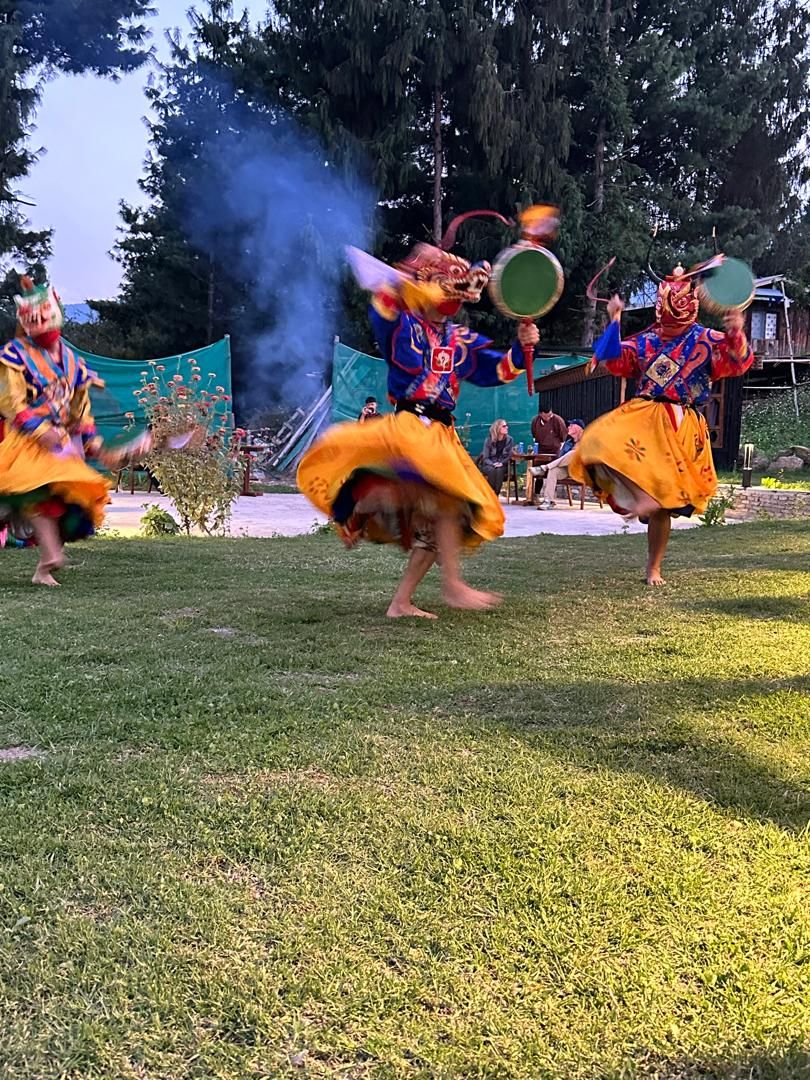 A group of performers in traditional costumes dancing on a grassy field.