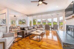 Smart TV, lareira, livros