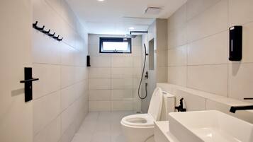 A modern bathroom with a toilet, a shower, and a sink.