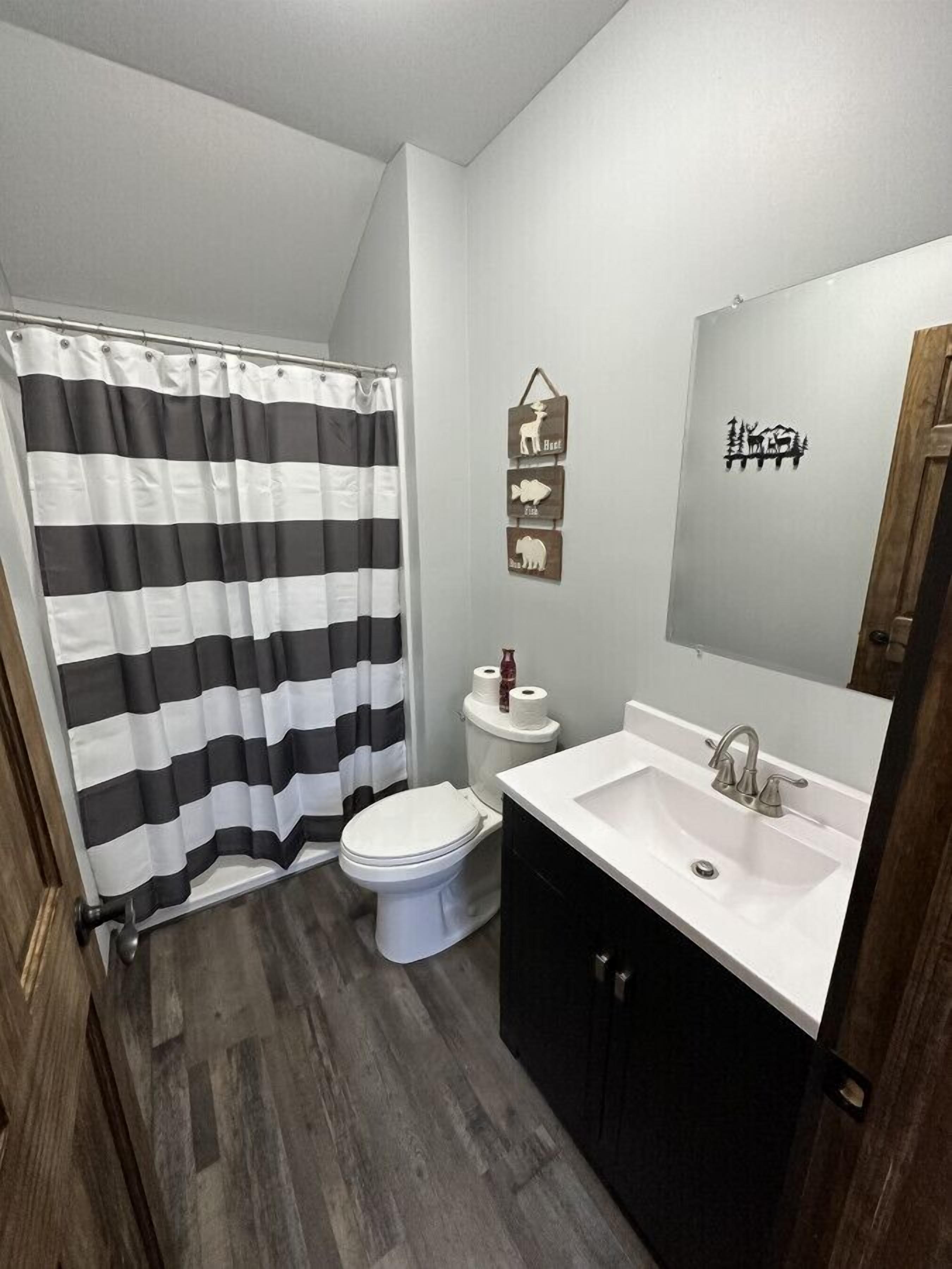 A bathroom with a black and white striped shower curtain, a toilet, a sink with a mirror, and a wooden cabinet.