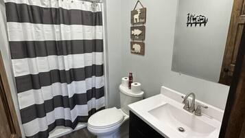 A bathroom with a black and white striped shower curtain, a toilet, a sink with a mirror, and a wooden cabinet.