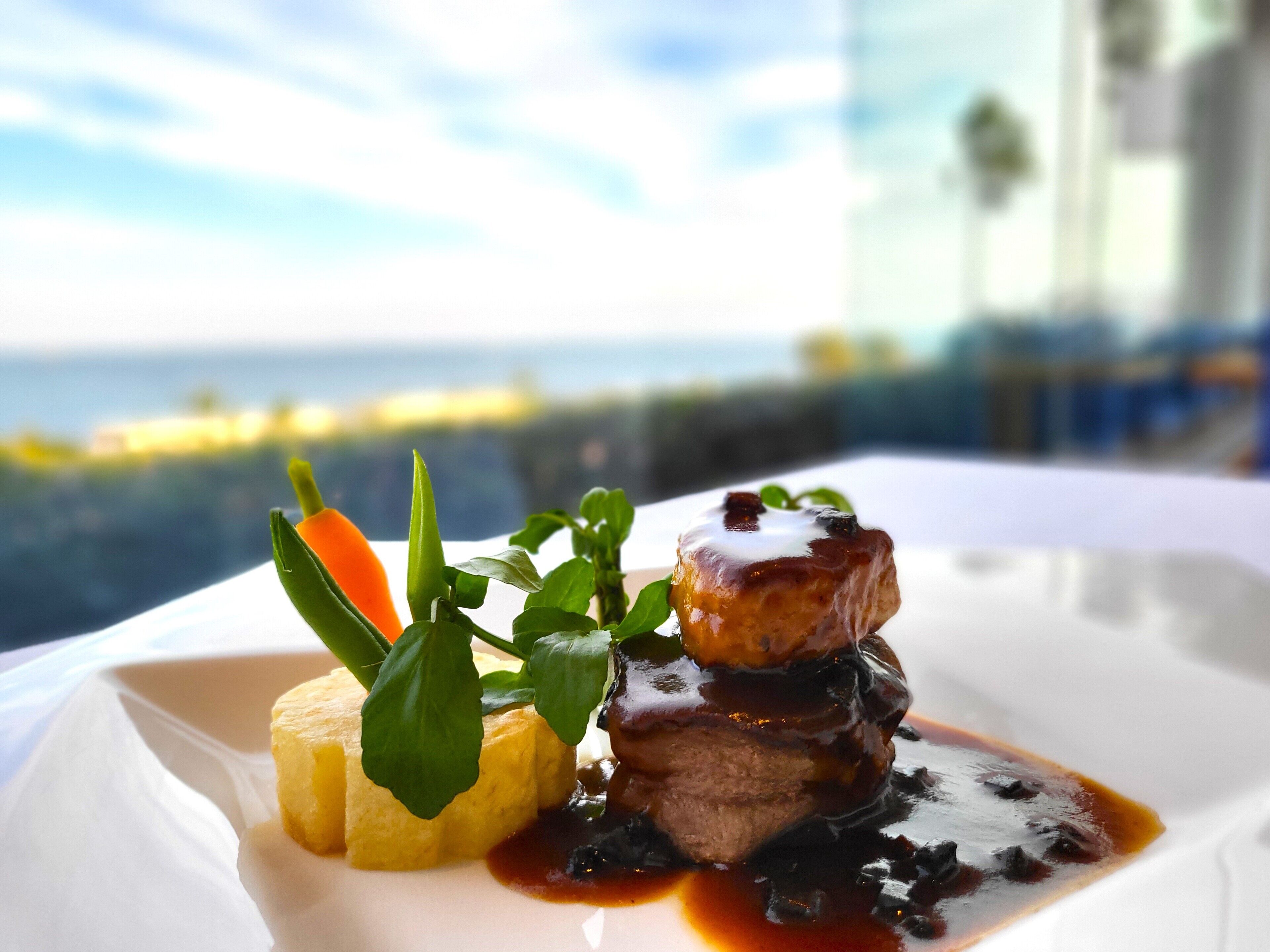 A plated dish with meat and sauce, garnished with greens and a carrot, on a white plate.