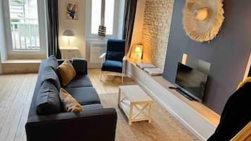 TV, fireplace, books