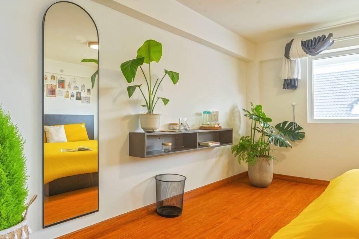 A bedroom with a bed, a large mirror, a potted plant, a shelf with decorative items, and a window with curtains.