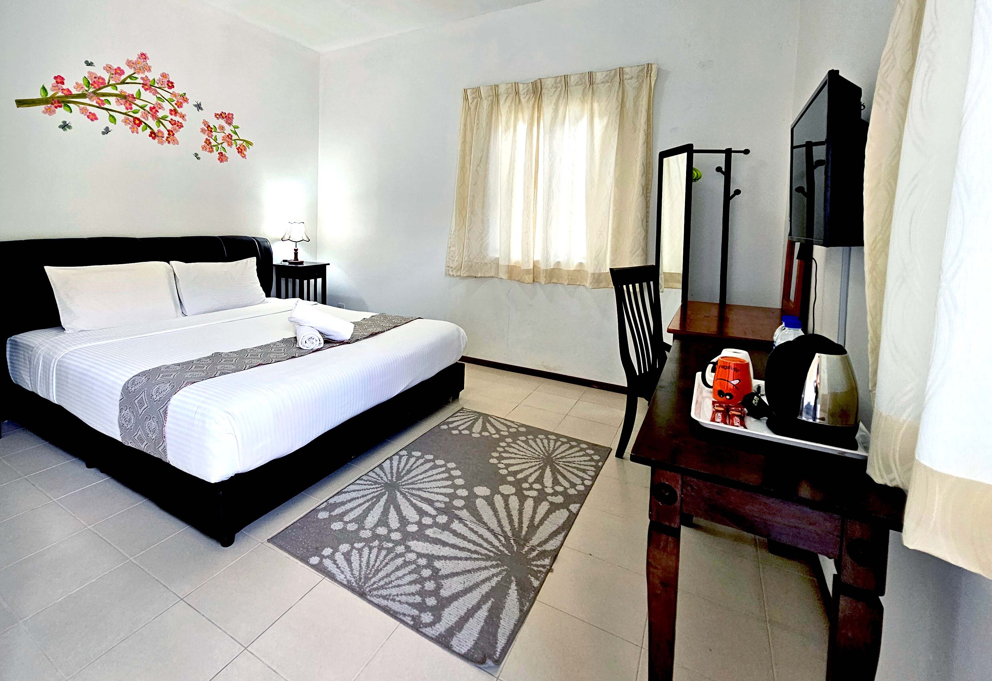 Individually decorated, desk, laptop workspace, blackout drapes