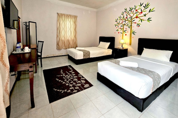 Individually decorated, desk, laptop workspace, blackout drapes