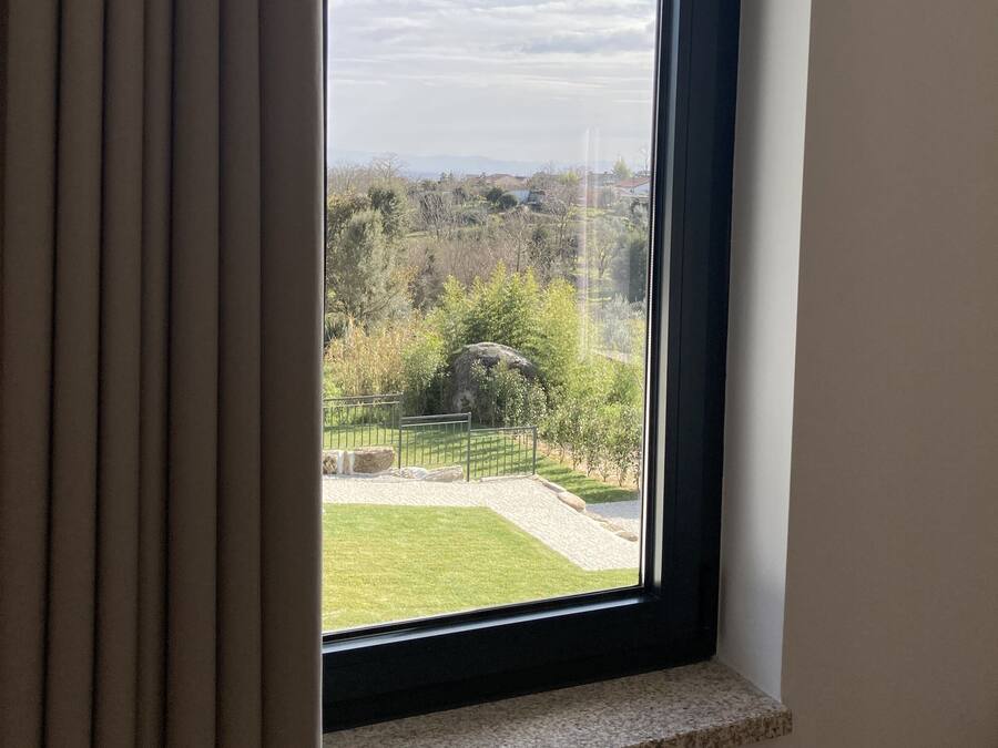 A window with a view of a grassy area and trees.