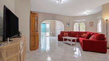 Televisión, chimenea y reproductor de DVD