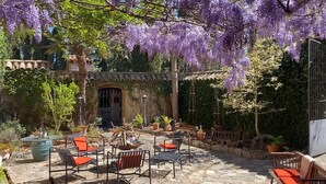 Eine Terrasse im Freien mit Steinboden, Metallstühlen mit orangefarbenen Kissen und einer Pergola mit violetten Blumen.
