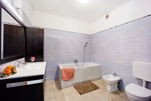 Une salle de bain équipée d’une baignoire, d’un bidet, de toilettes, d’un lavabo et d’un miroir.
