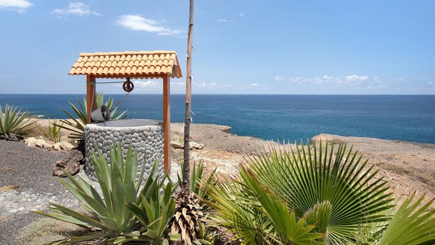 Une construction située au bord de la plage, dotée d’un toit en tuiles, entourée de plantes d’agave et offrant une vue sur l’océan.