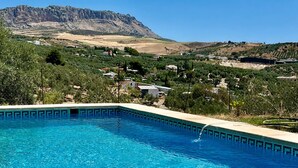 A clear blue pool with a view of a mountainous landscape in the background.