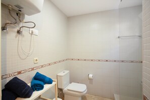 Chuveiro, secador de cabelo, toalhas de banho 