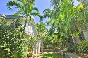 A tropical garden with palm trees, a pathway, and a building with a sloped roof.