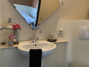 A bathroom with a white sink, a mirror, a towel rack, a soap dispenser, and a vase with flowers. - Hotelhuisjes Andijk (Andijk)
