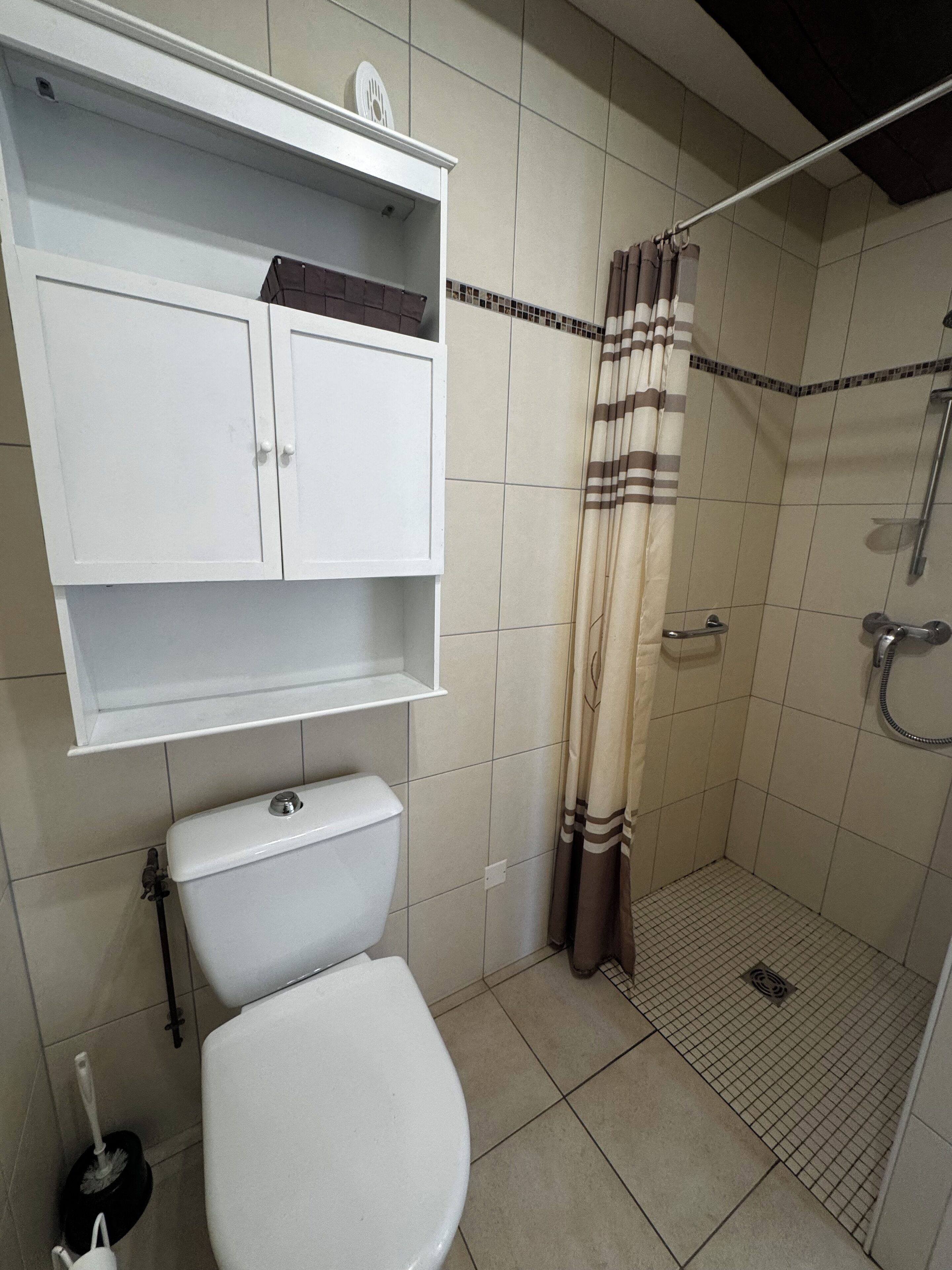 Un baño con inodoro, ducha y un armario.