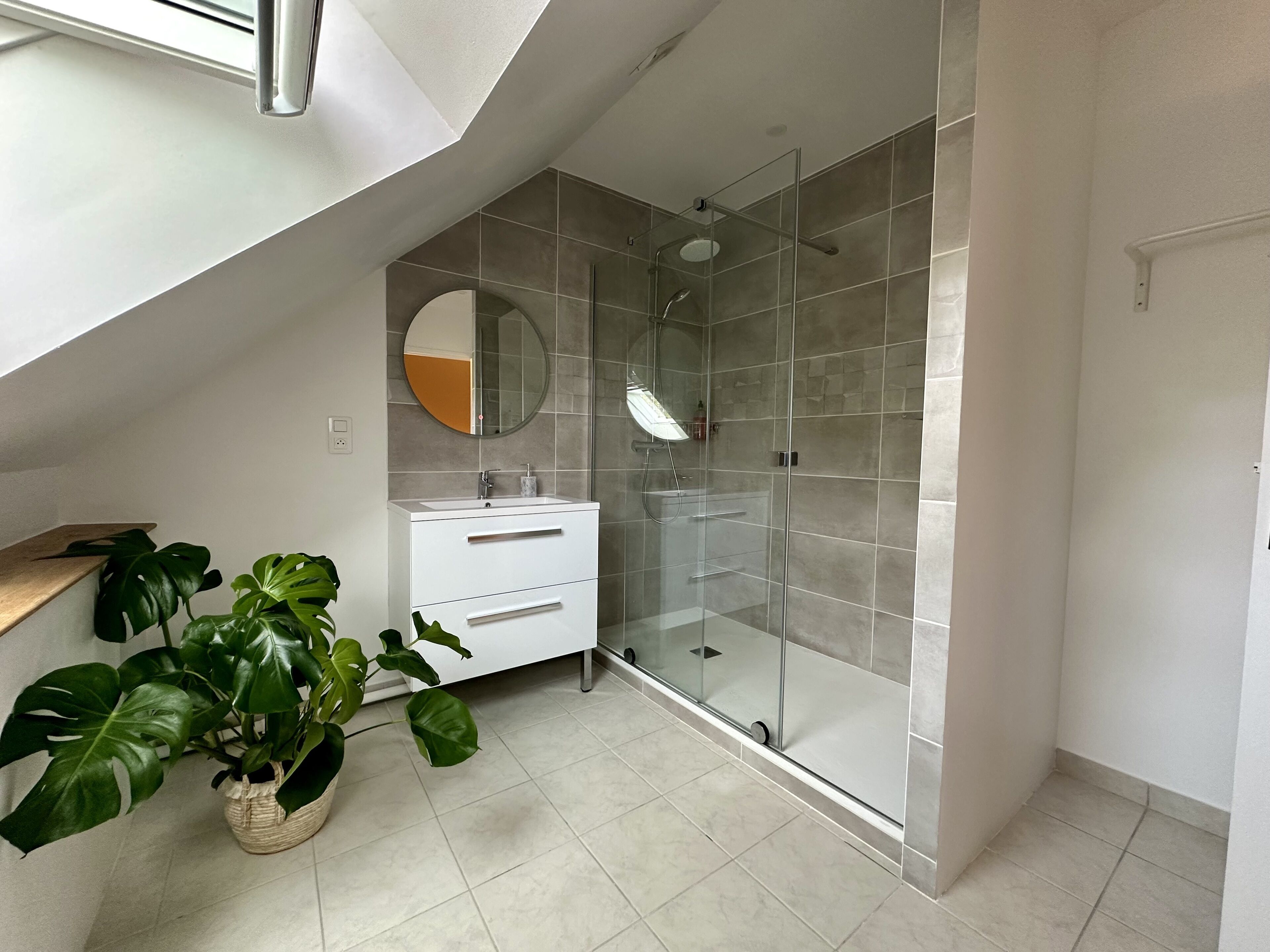 Une salle de bain moderne avec une douche en verre, un meuble-lavabo blanc et une grande plante en pot.