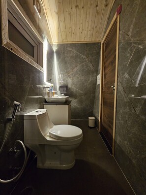 Douche, sĂšche-cheveux, bidet, serviettes fournies