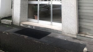 A building entrance with a glass door, a potted plant, and a metal grate at the base.