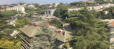 A residential area with a mix of modern and traditional buildings, surrounded by dense greenery.