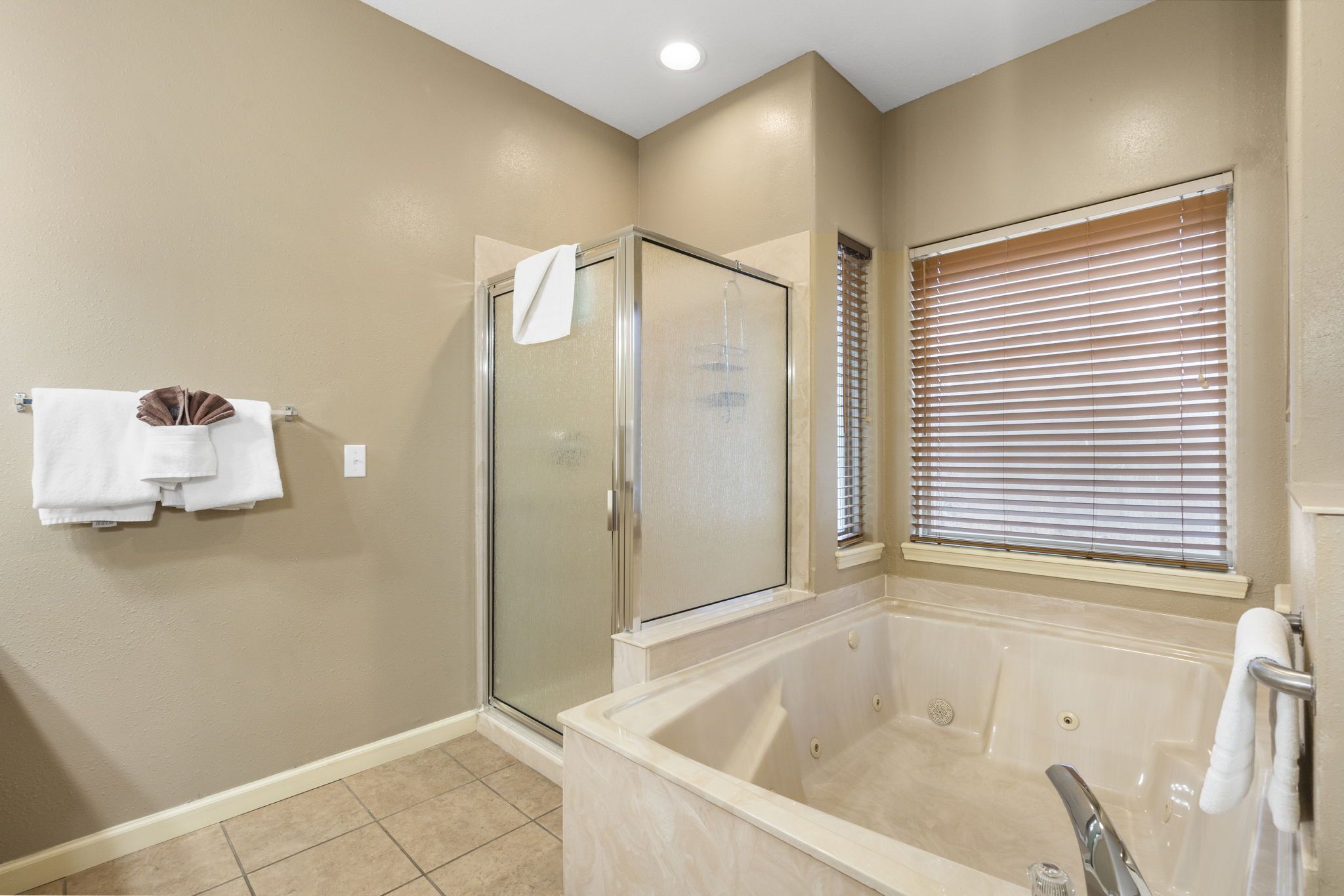 Combined shower/tub, jetted tub, hair dryer, towels