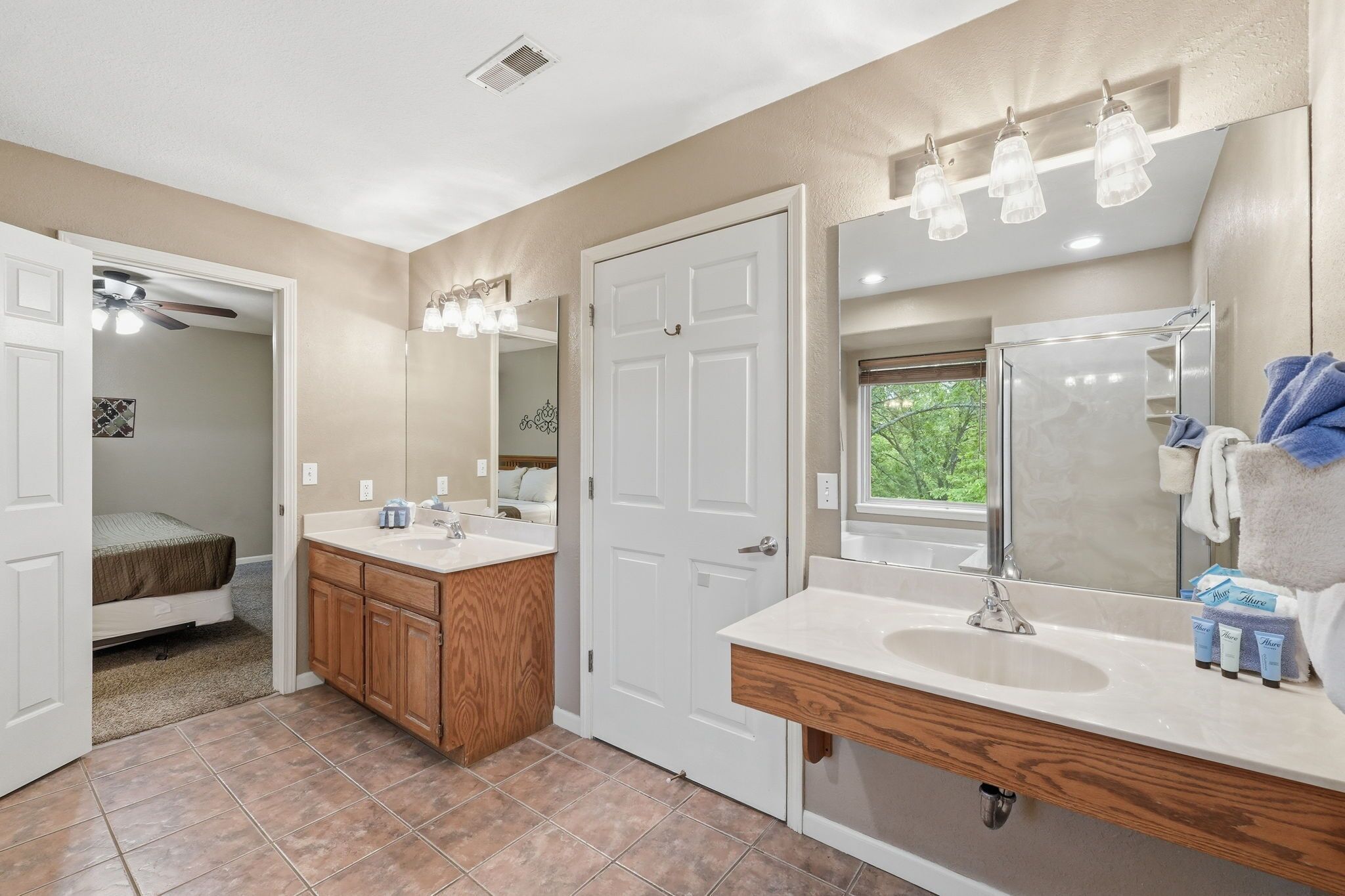 Shower, jetted tub, hair dryer, towels