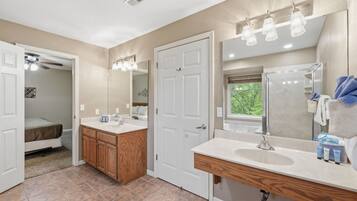 Shower, jetted tub, hair dryer, towels