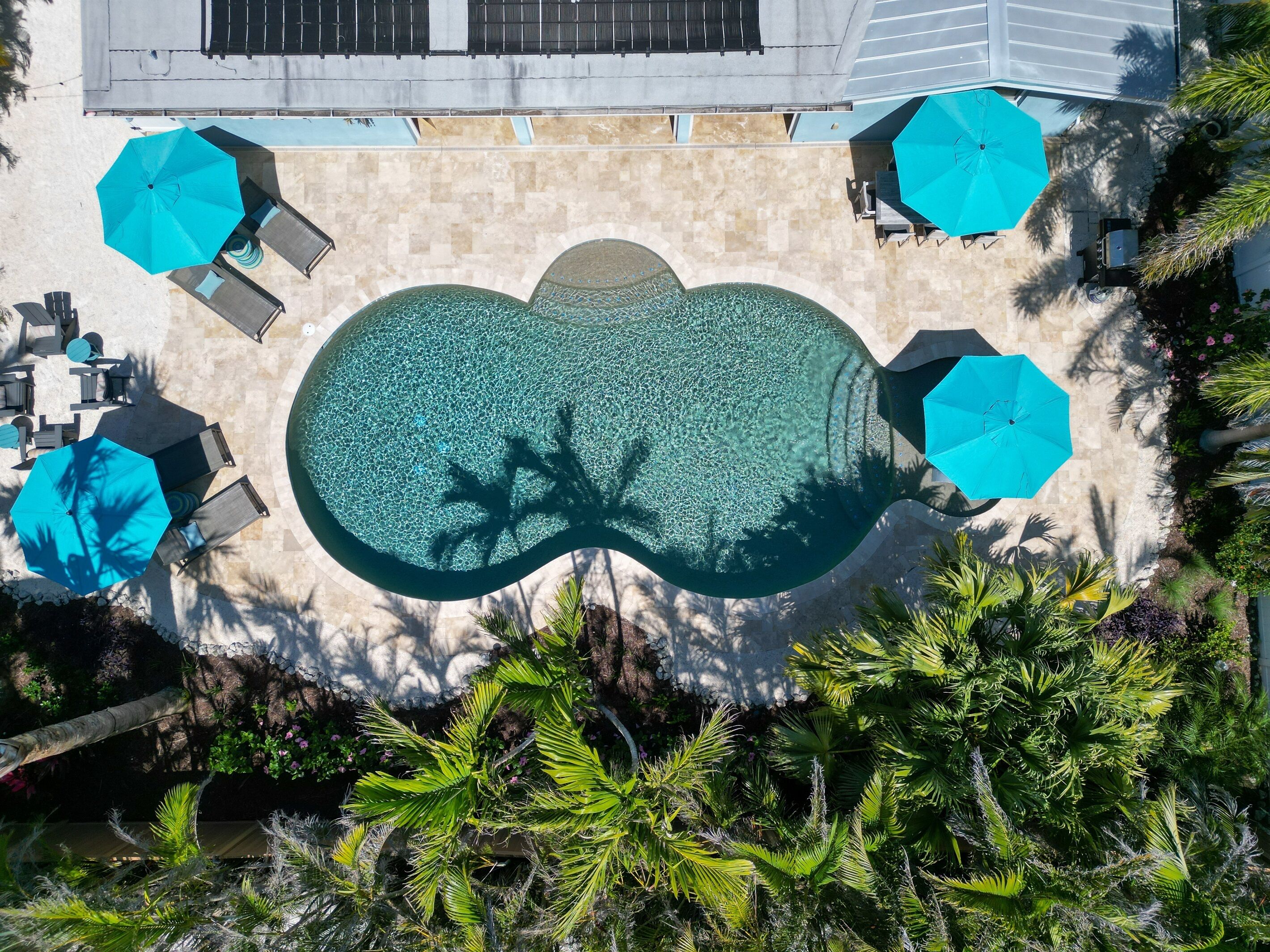 Une vue aérienne d’une piscine entourée de chaises longues et de parasols, avec une terrasse en pierre et des plantes tropicales.
