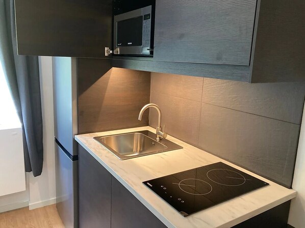 Eenvoudig appartement | Privékitchenette | Een koelkast, een microgolfoven, een kookplaat