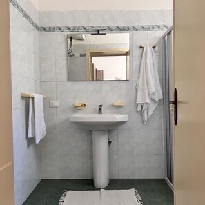 Een douche, een haardroger, een bidet, handdoeken