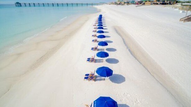 Una spiaggia con file di ombrelloni blu e lettini lungo la battigia.