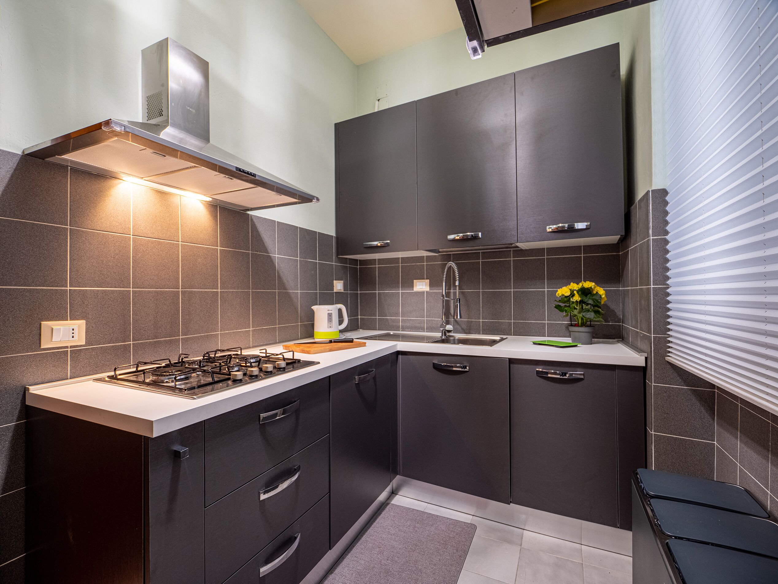 A modern kitchen with dark cabinetry, a gas stove, a stainless steel range hood, and a built-in sink.