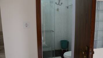 Shower, towels, toilet paper