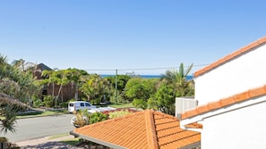 Enjoy ocean views from this house surrounded by lush greenery and palm trees.