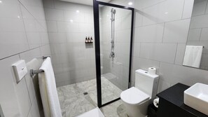 Shower, hair dryer, bathrobes, soap