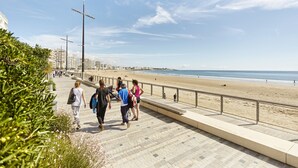 Eine Küstenpromenade mit Blick auf den Strand, mit einem gepflasterten Weg und einem Metallgeländer.