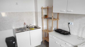 A small kitchenette with a sink, a stove, and a trash bin. - Beautiful apartment on the roof floor for 5 people (Zeitz)